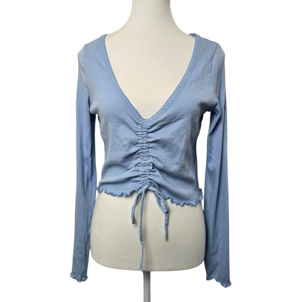 H&M NWT Light Blue Ruched V-Neck Cropped Long Sleeve Top Sz M | Y2K Coquette